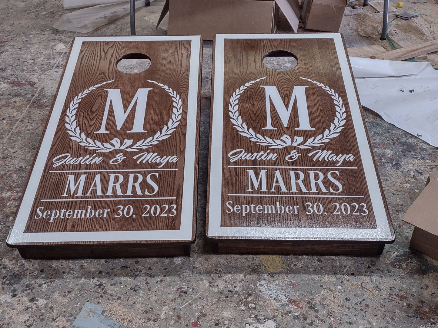 Custom Oak Stained Wedding Corn Hole Boards