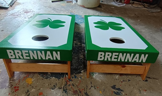 Irish Corn hole Game - 2 boards, green/black bags and Name added to back
